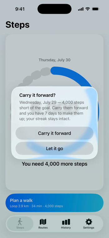 A dialog asking whether to carry the shortfall forward: yesterday
                        finished 4,000 steps short, with a week to make it up and the
                        streak kept, and buttons to let it go or carry it over.