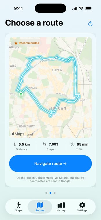The Routes screen showing the recommended walking loop drawn in blue
                        over a city map, returning to its start point, with 5.5 km,
                        7,683 steps and 65 minutes listed beneath it.
