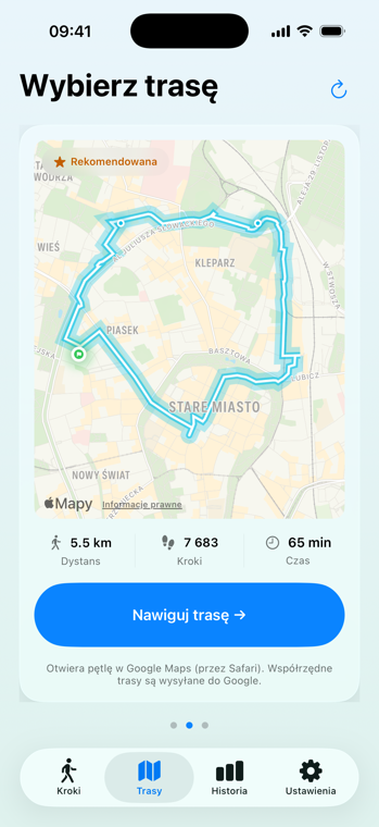 Ekran Trasy: rekomendowana pętla spacerowa narysowana na niebiesko
                        na mapie miasta, wracająca do punktu startu, z podanymi 5,5 km,
                        7 683 krokami i 65 minutami.