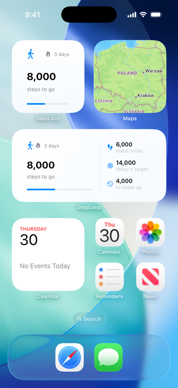 An iPhone Home Screen with two StepLoop widgets showing 8,000 steps
                        to go, a three-day streak, today's target of 14,000 and 4,000 still
                        to make up.